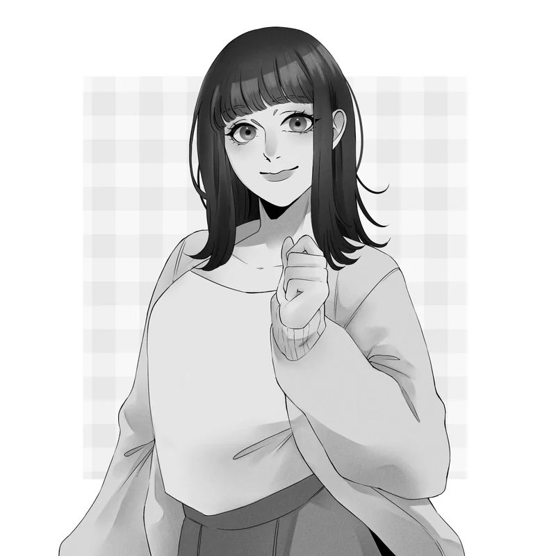 A grayscale illustration of a smiling woman