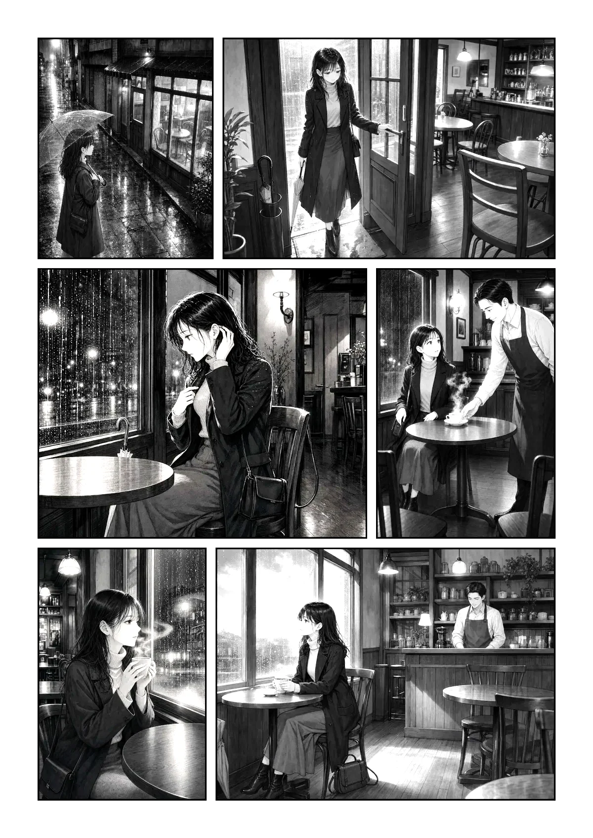 A grayscale manga page: a woman visits a quiet café on a rainy evening
